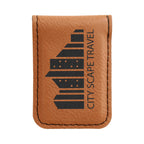 Brown leather cardholder with 'City Scape Travel' logo on a white background