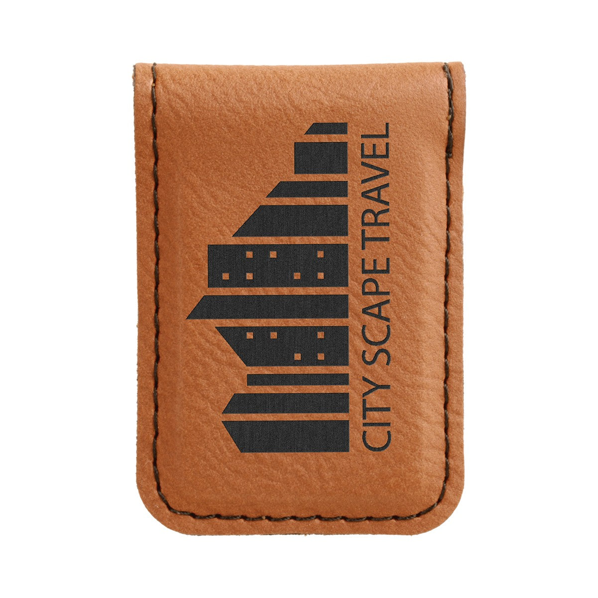 Brown leather cardholder with 'City Scape Travel' logo on a white background