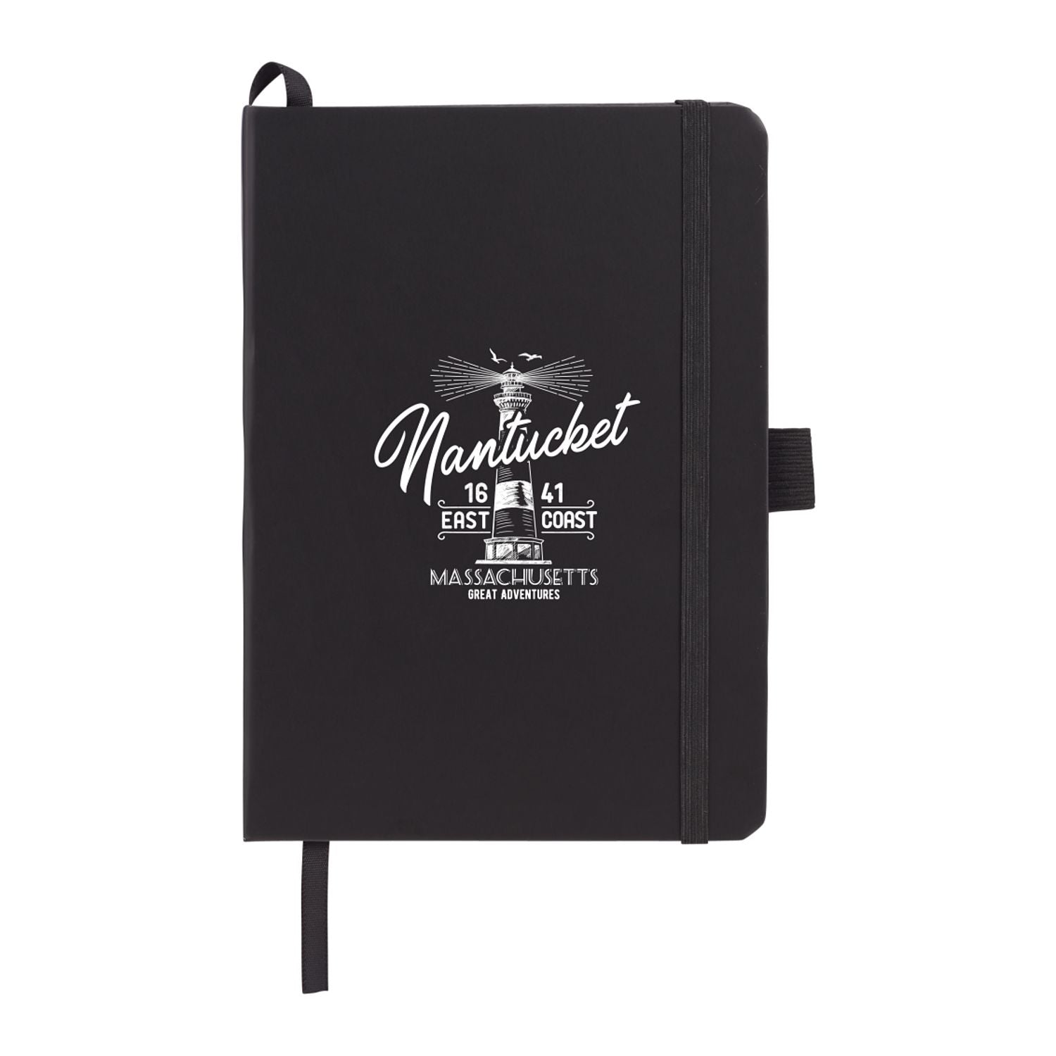 Black notebook with white text and design on a white background