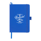 Blue notebook with white text on a white background