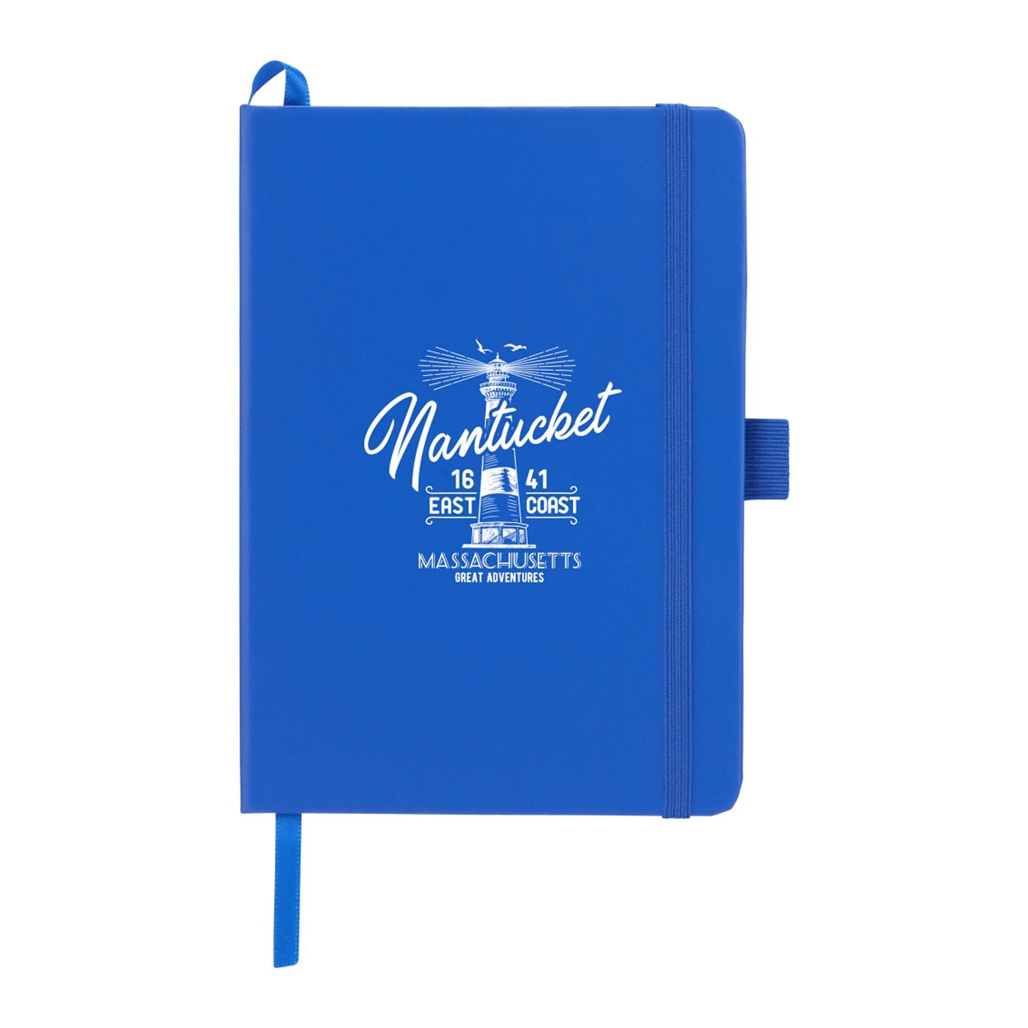 Blue notebook with white text on a white background