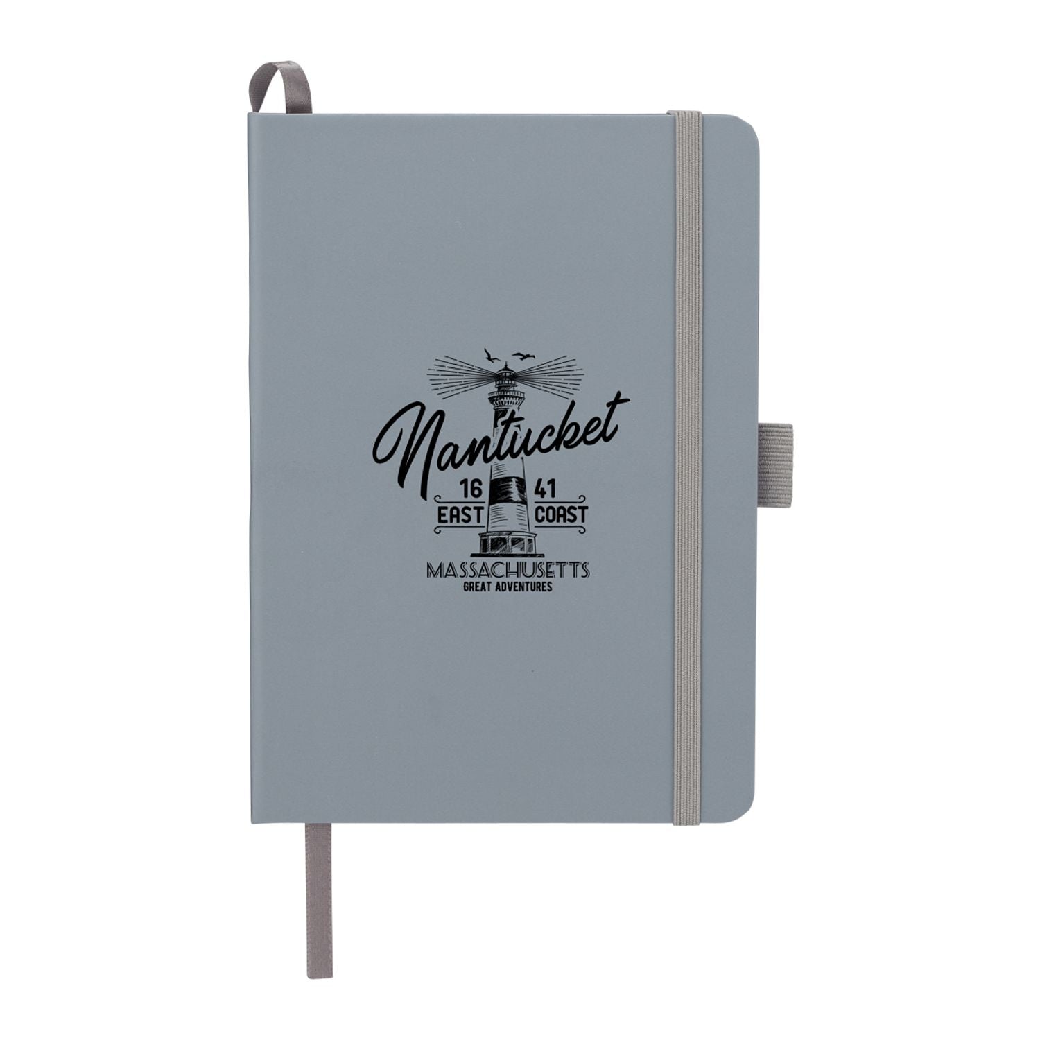 Gray notebook with 'Nantucket' text and design on a white background