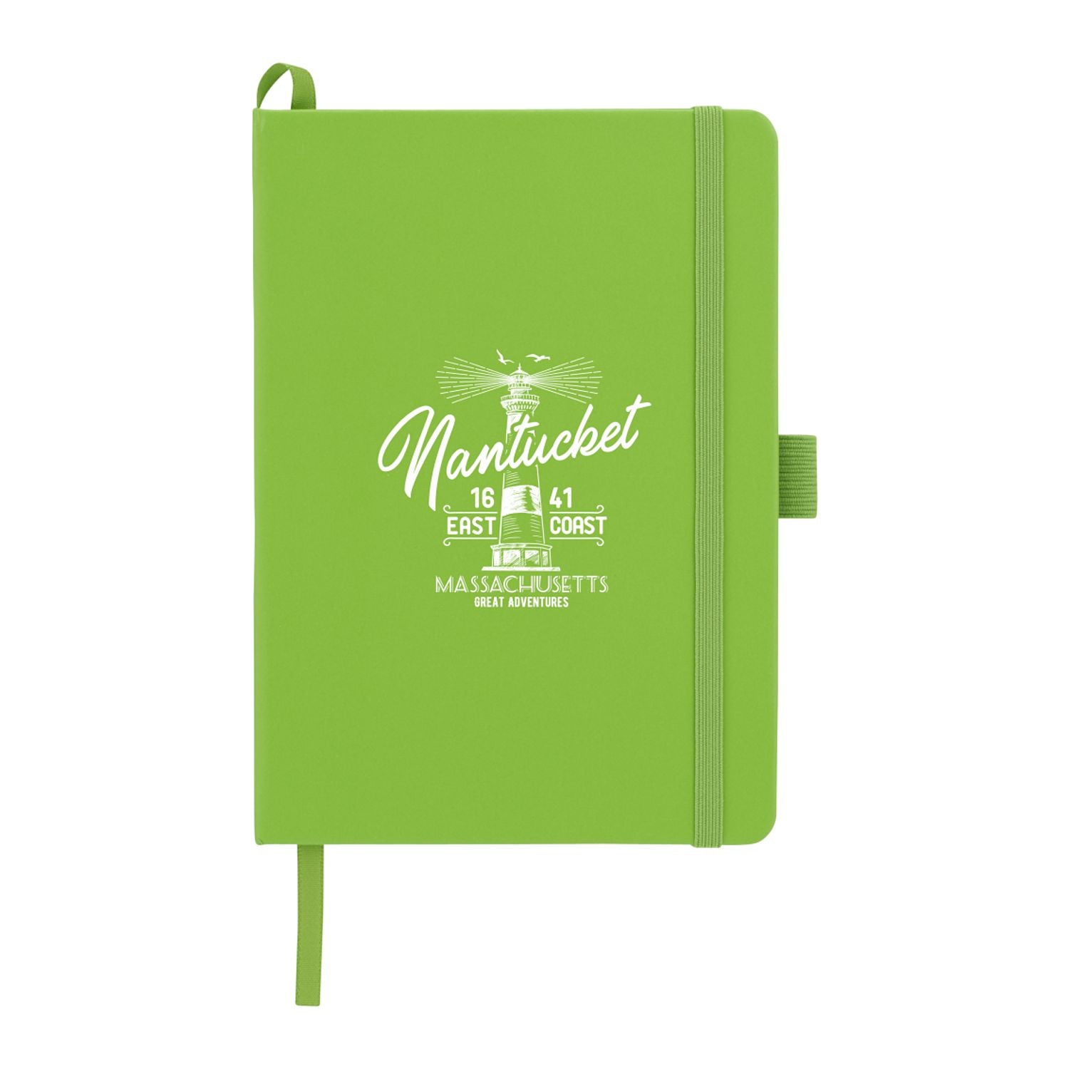 Green notebook with 'Nantucket' text and design on a white background