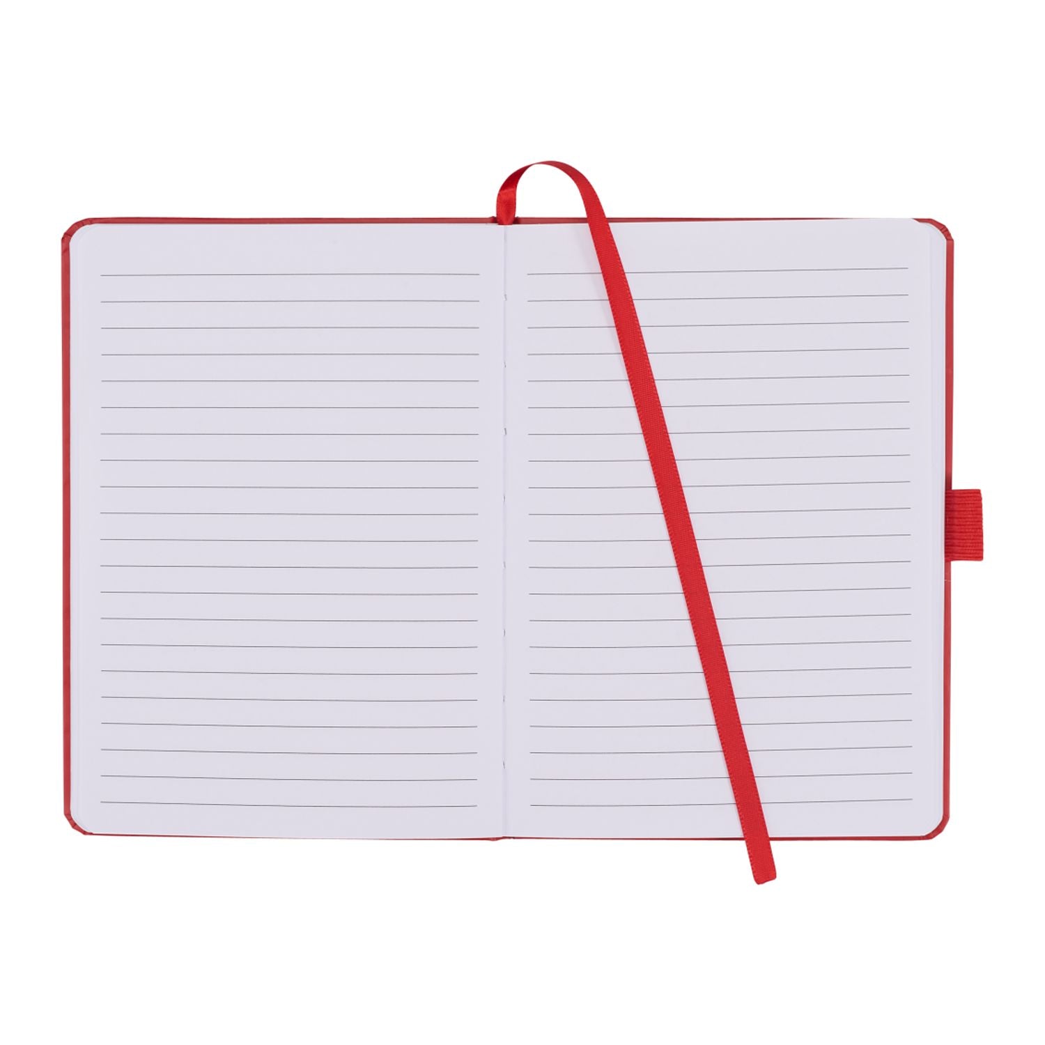 Open notebook with red binding and strap on a white background