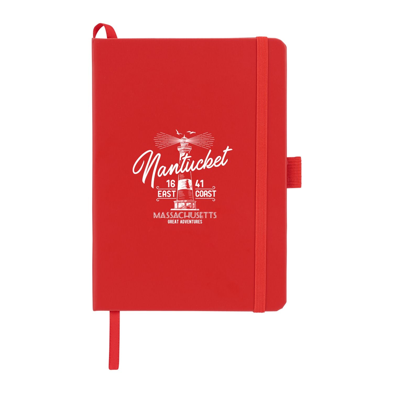 Red notebook with white text and design on a white background