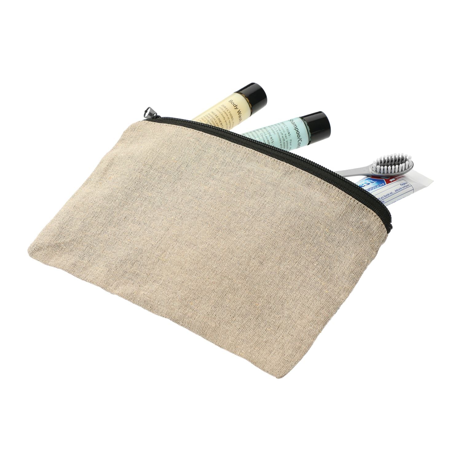 Natural colored pouch with black zipper containing a bottle, tube, and brush on a white background. Does not include items