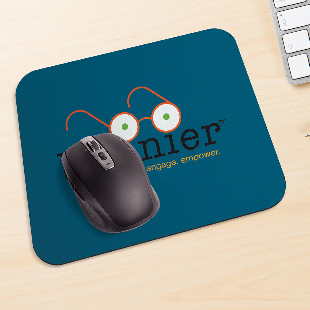 Blue mouse pad with a graphic of glasses and text, featuring a computer mouse on a desk.