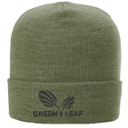 Green knit beanie with 'Green Leaf' logo on a white background