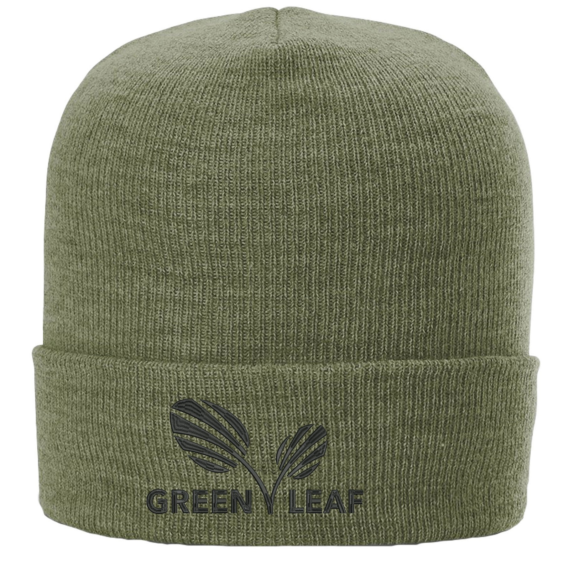 Green knit beanie with 'Green Leaf' logo on a white background