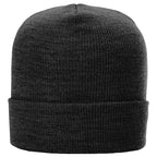 Dark gray knit beanie on a white background