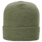 Green knit beanie on a white background