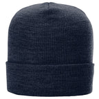 Navy blue knit beanie on a white background