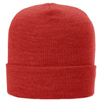 Red knit beanie on a white background
