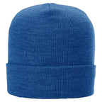 Blue knit beanie on a white background