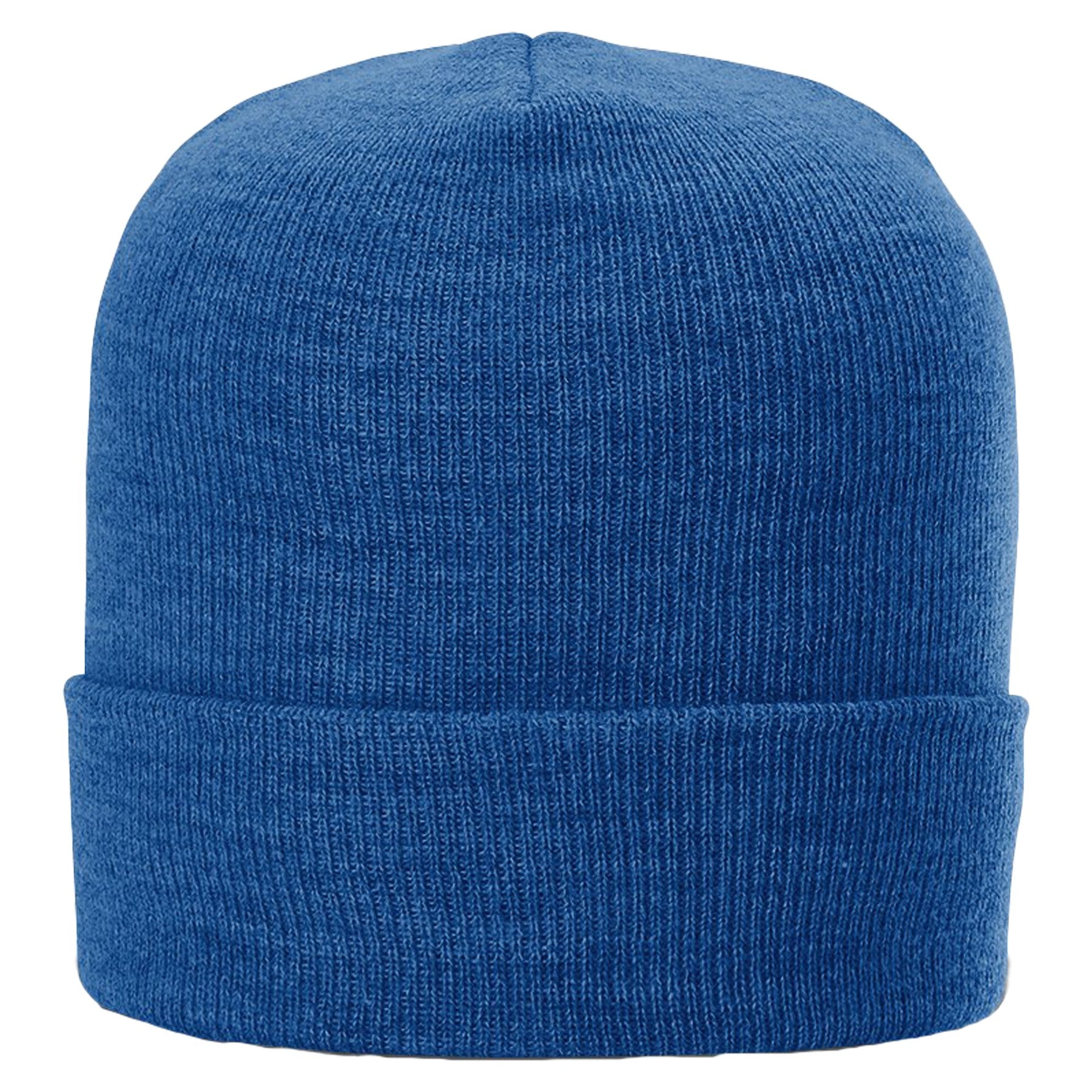 Blue knit beanie on a white background