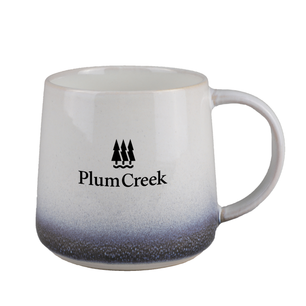White mug with a custom logo on a white background