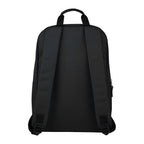Black backpack shown from the back on a white background