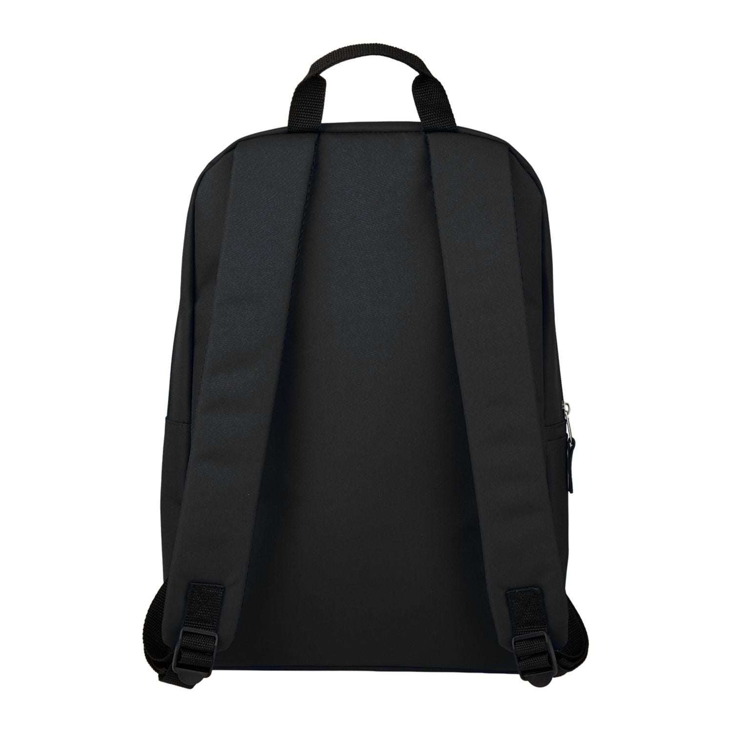 Black backpack shown from the back on a white background