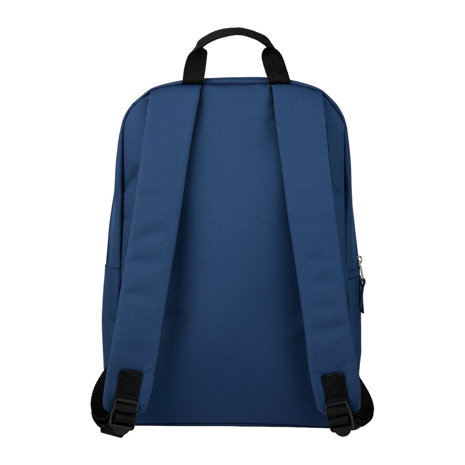 Blue backpack with black straps on a white background