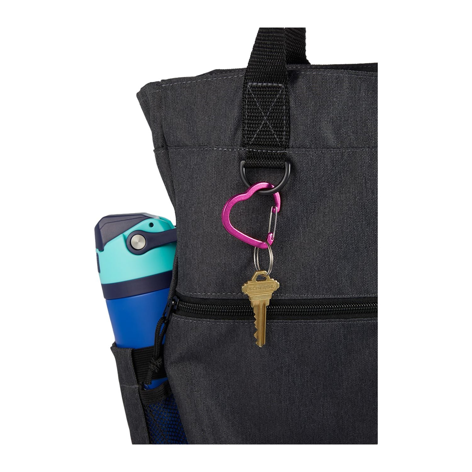 Black tote bag with a key and pink carabiner attached, on a white background