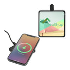 A square black wireless charging pad with a cable connector at the top, shown alongside a smartphone connected to it and a small inset screen displaying the Wealthup logo on the pad's surface.