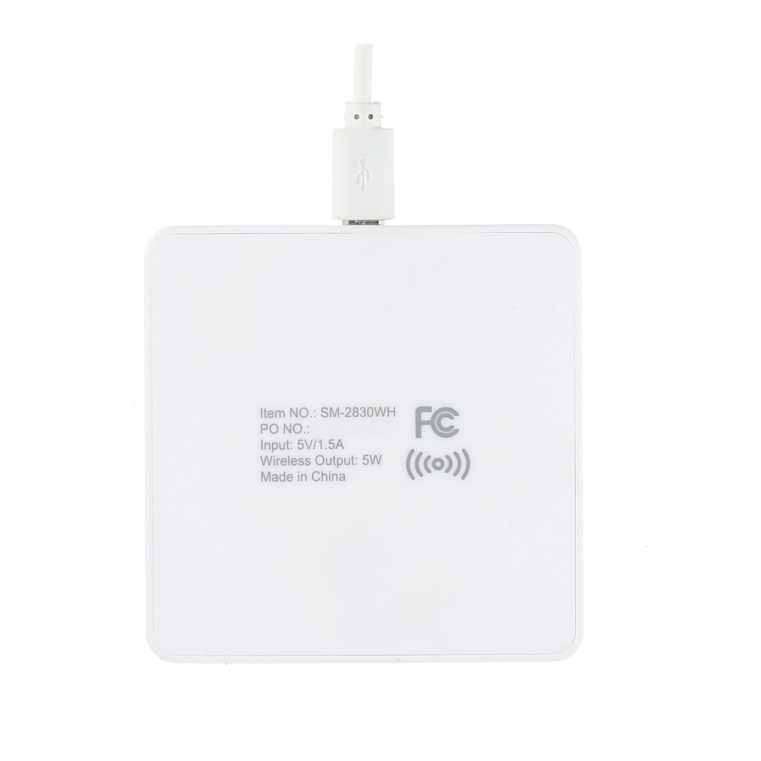 A white square wireless charging pad with a USB-C cable plugged into the top center, featuring gray printed specifications and an FC certification logo on the front.