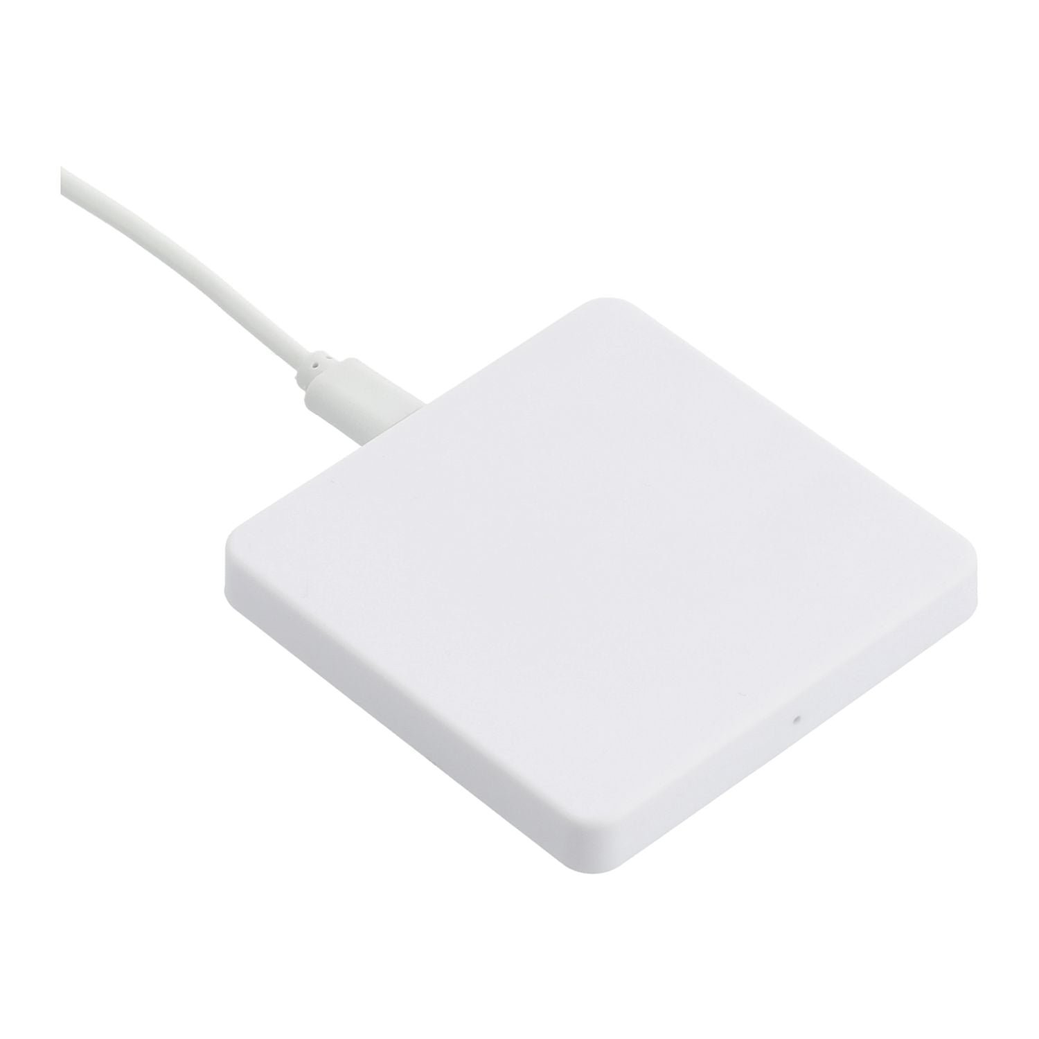 A white square wireless charging pad with a cable connected to one side, shown on a plain white background.