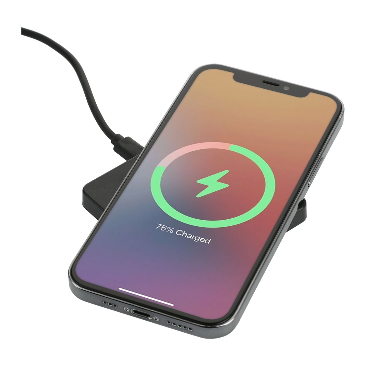 Smartphone with wireless charging pad and charging cable on a white background
