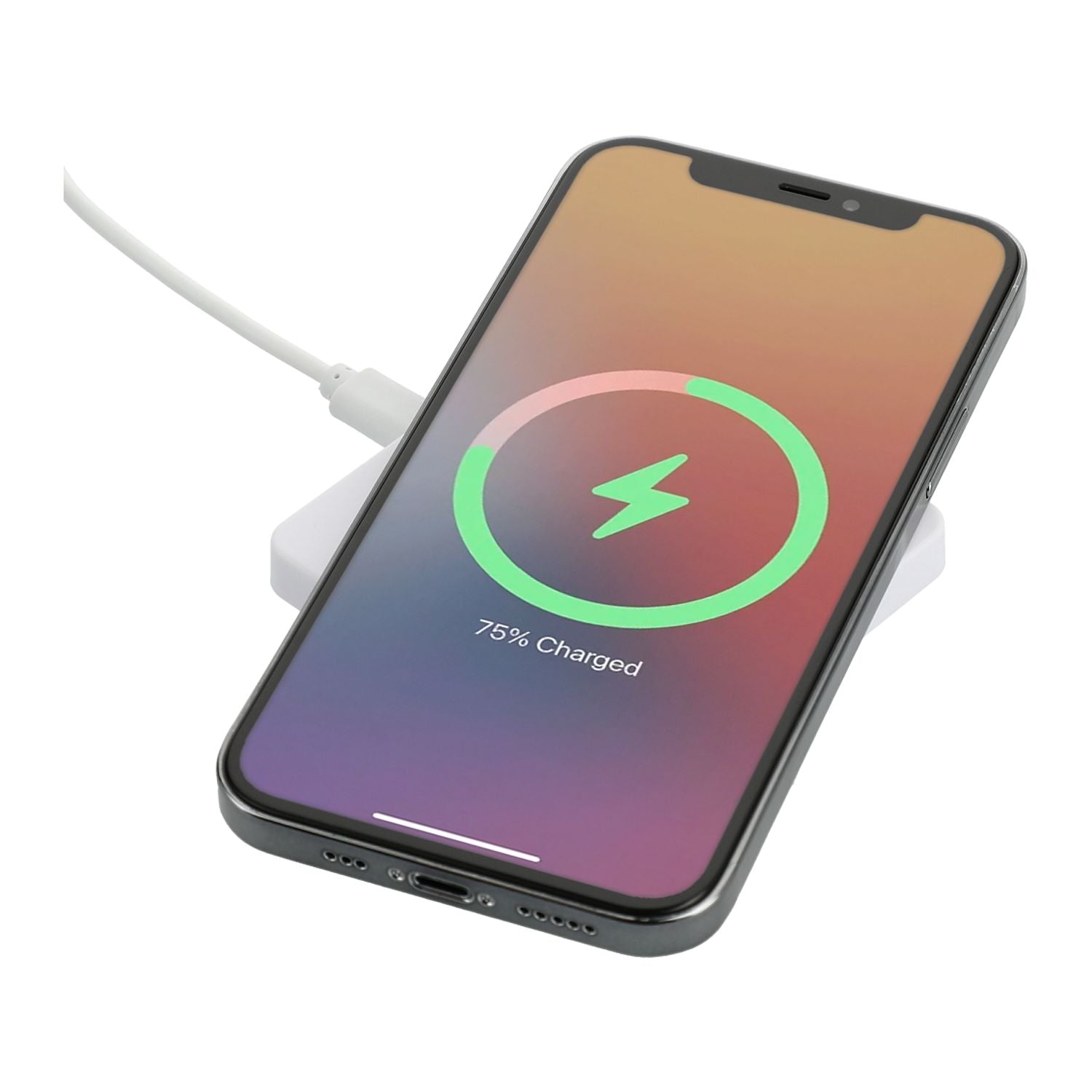 Smartphone with charging cable displaying a charging icon on the screen.