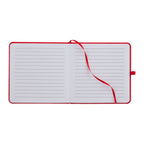 Open notebook with red binding on a white background