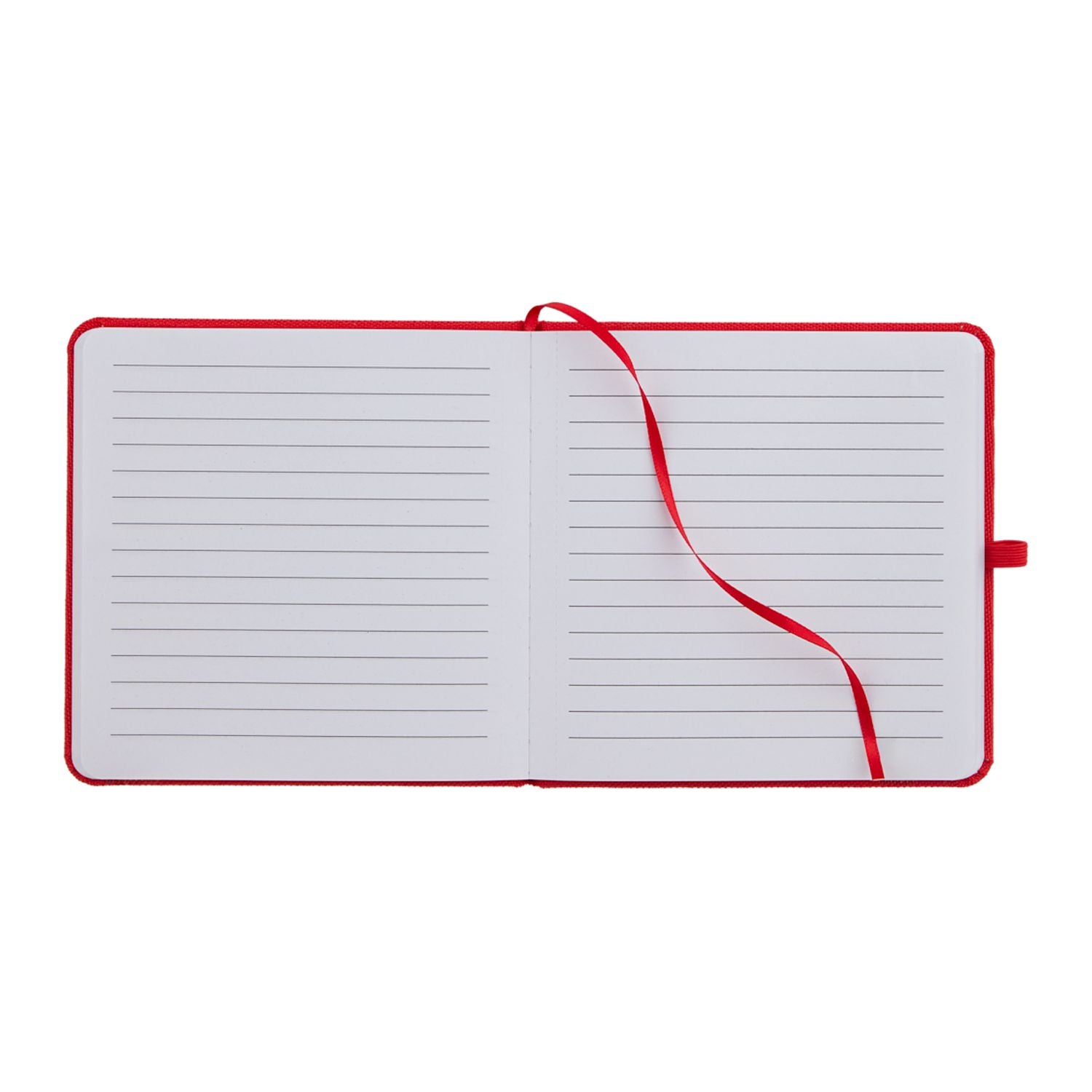 Open notebook with red binding on a white background