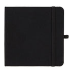 Black textured notebook with a strap closure on a white background