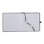 Open notebook with lined pages on a white background