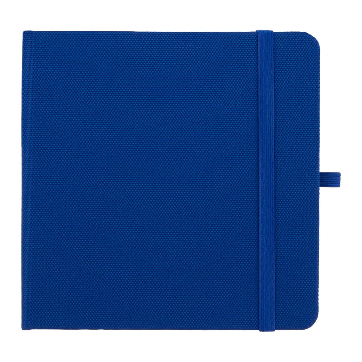 Blue notebook with a strap closure on a white background