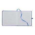 Open notebook with lined pages and a blue elastic band on a white background