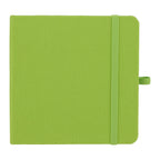 Green textured notebook with a strap on a white background