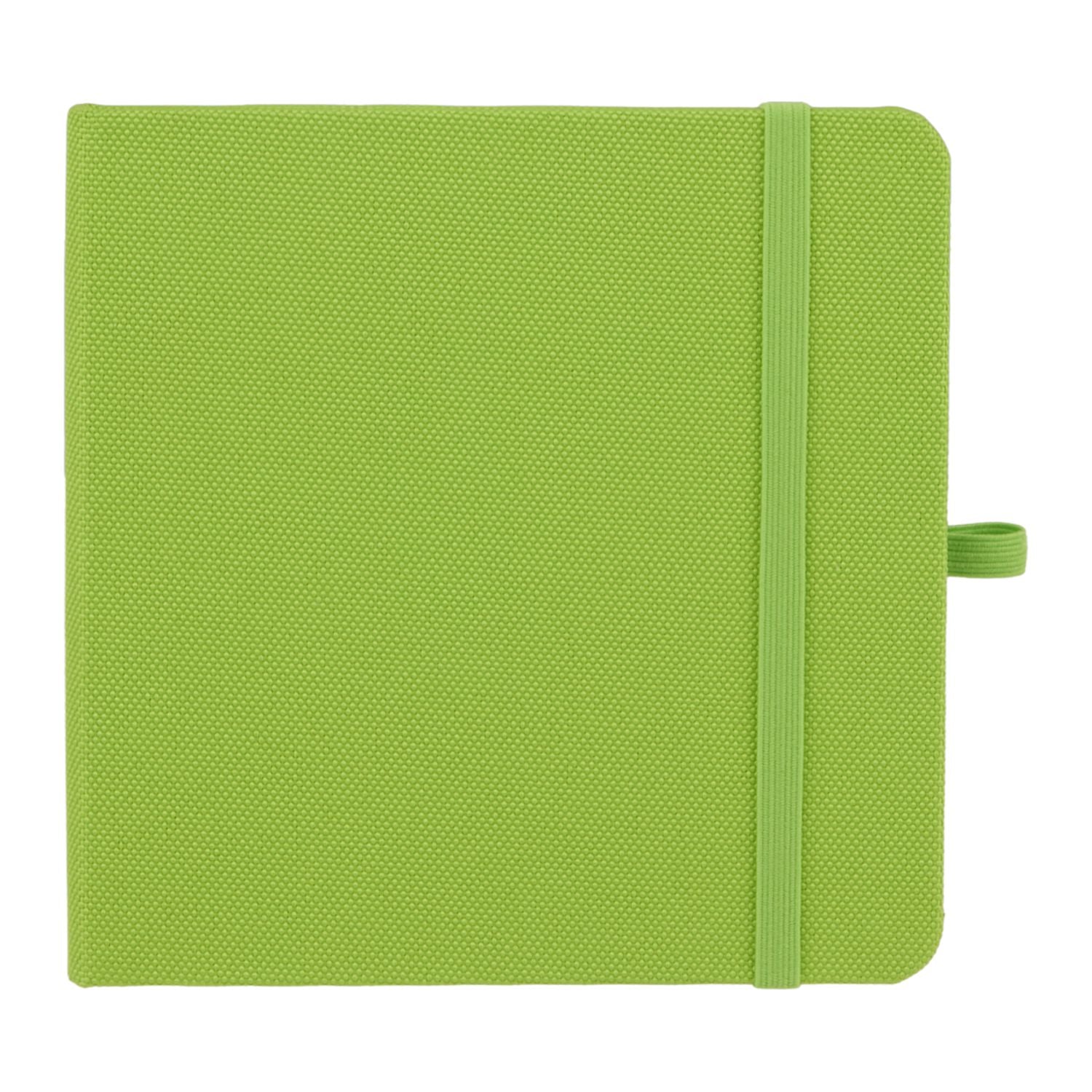 Green textured notebook with a strap on a white background