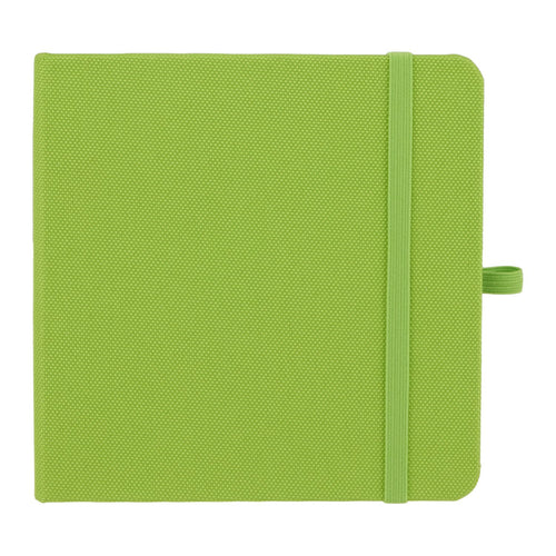 Green textured notebook with a strap on a white background