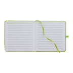 Open notebook with green binding on a white background