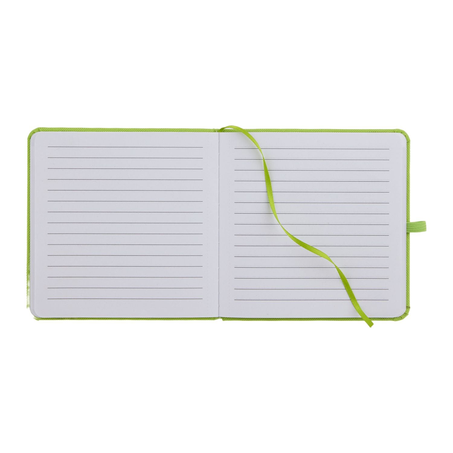 Open notebook with green binding on a white background