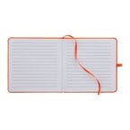 Open notebook with orange elastic band on a white background