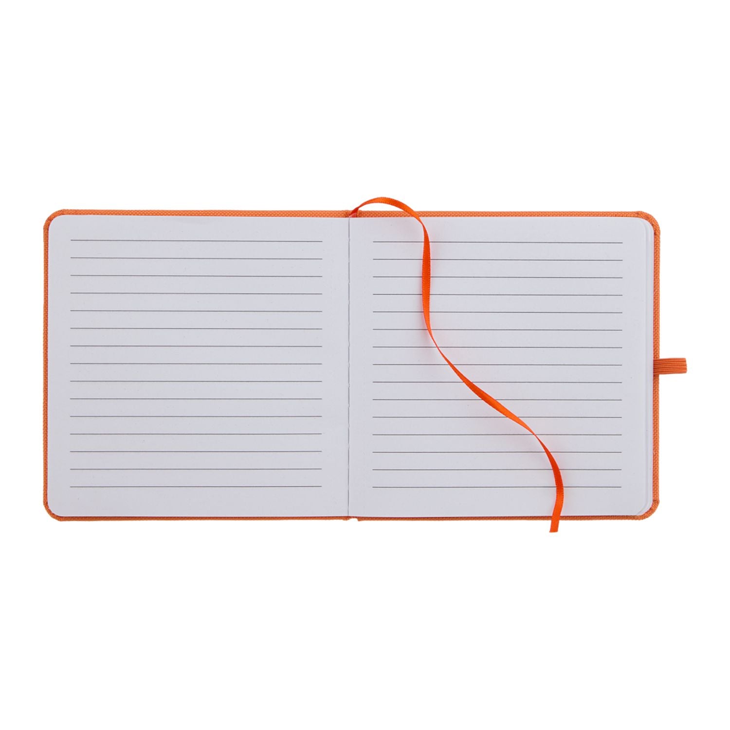Open notebook with orange elastic band on a white background