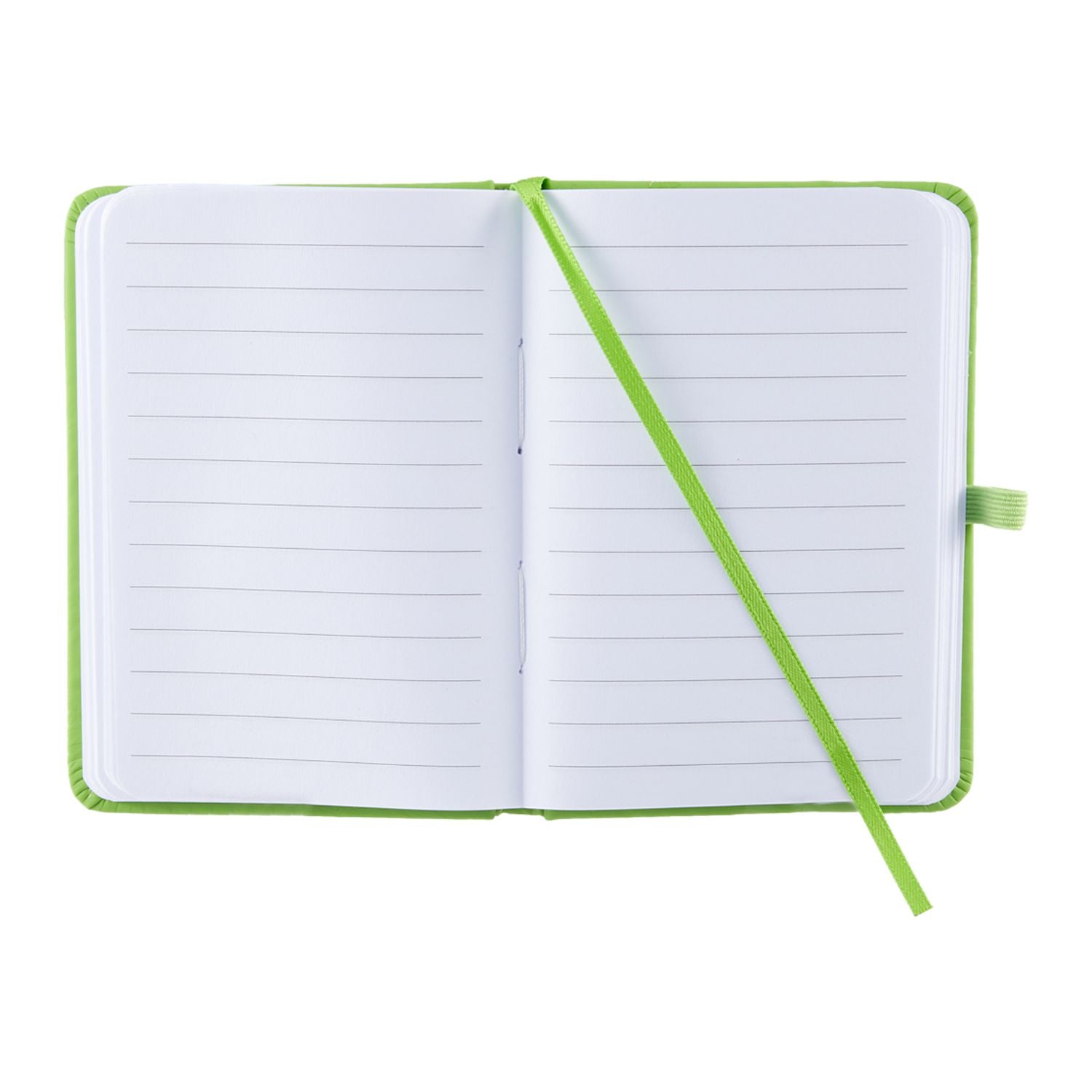 An open lined notebook with a bright green cover and matching green ribbon bookmark, photographed on a plain white background.