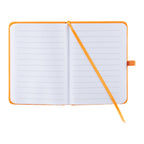 An open lined notebook with a bright orange cover and matching orange ribbon bookmark, photographed on a plain white background.
