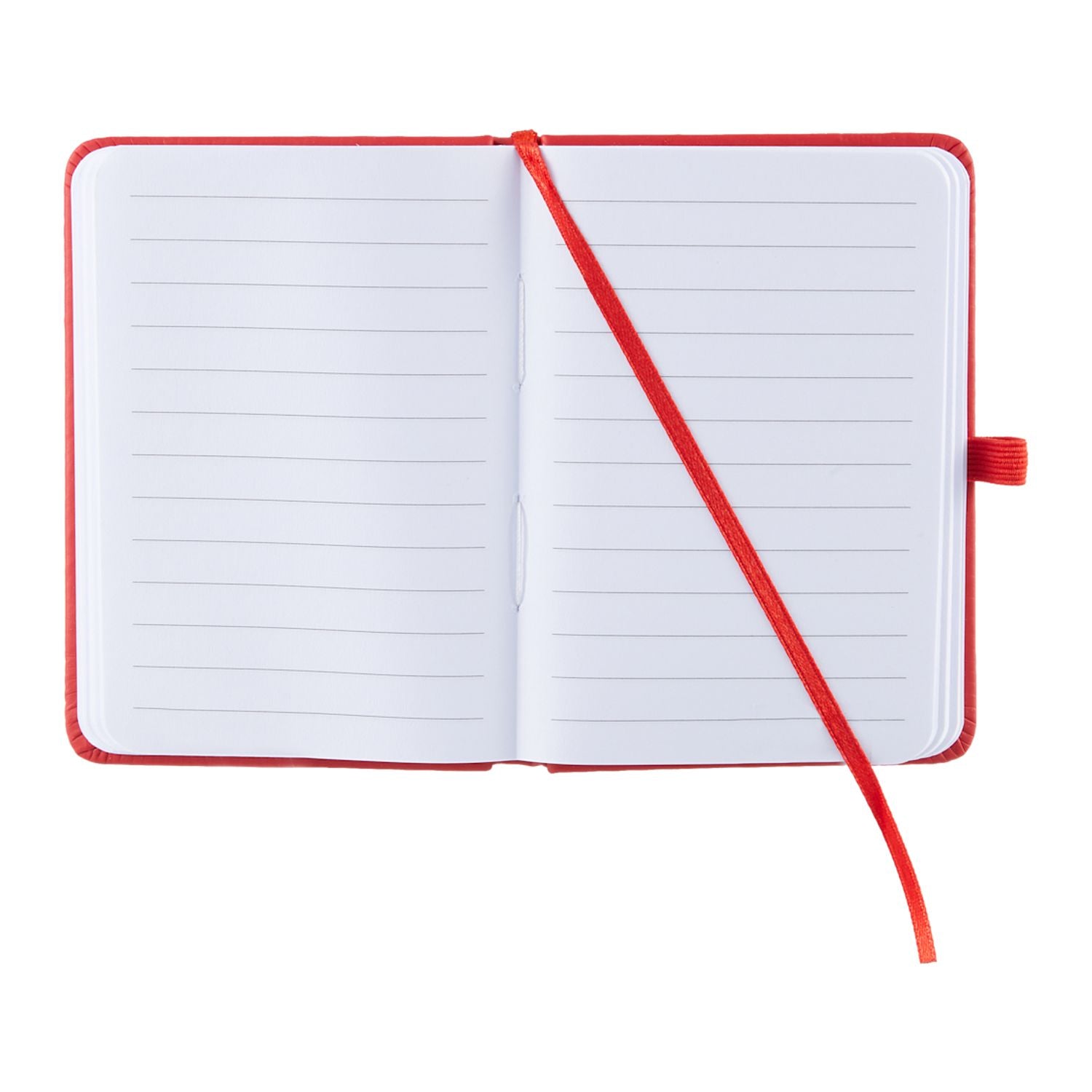 An open lined notebook with a red cover and matching red ribbon bookmark, photographed on a plain white background.