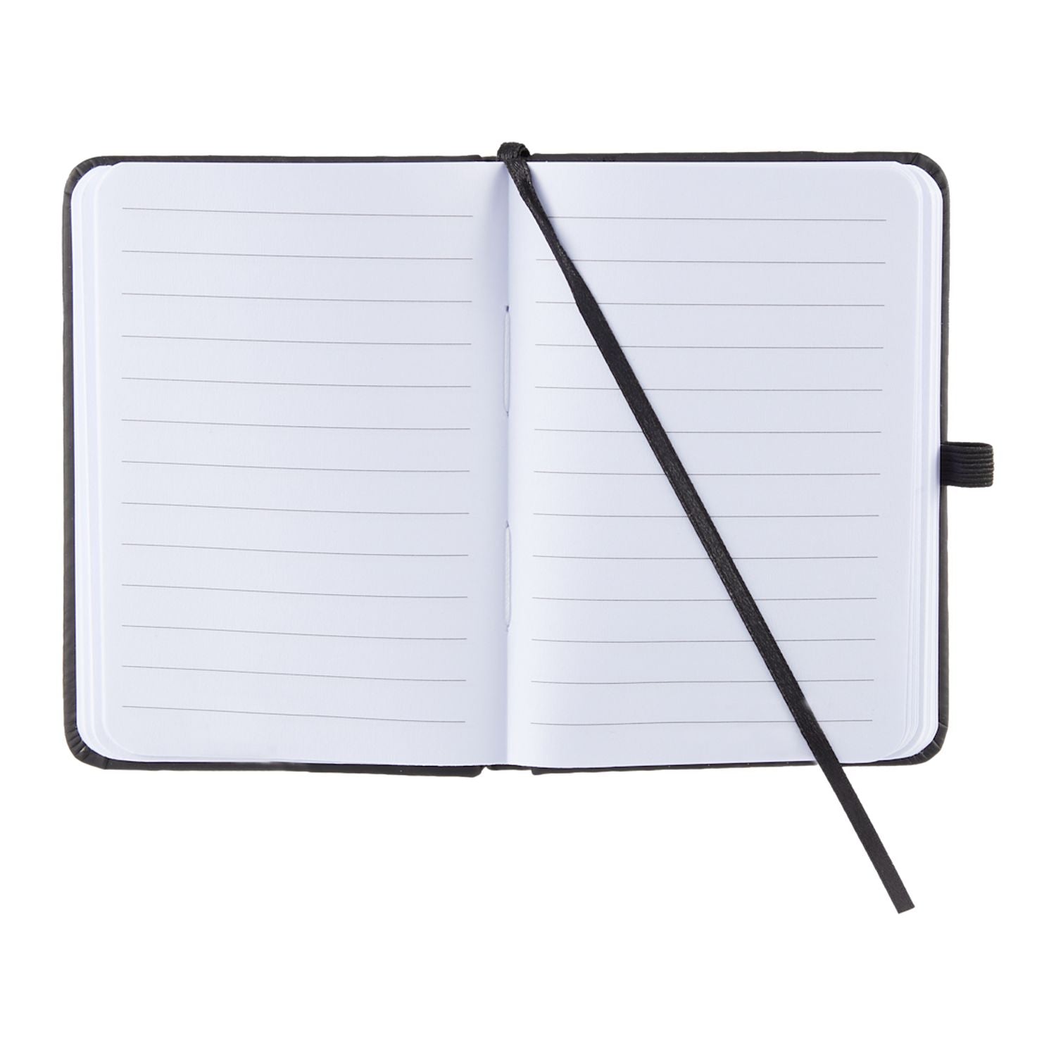 An open lined notebook with a black cover, white pages, and a black ribbon bookmark, shown on a plain white background.