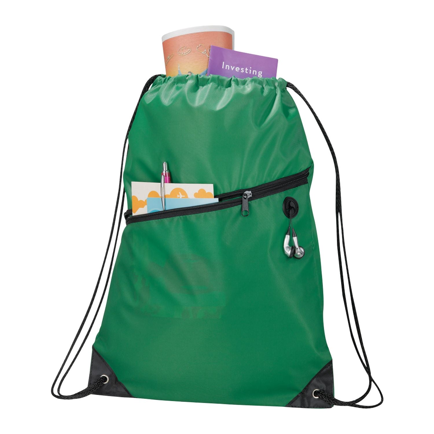 Robin Drawstring Polyester Bag with Front Zipper Pocket