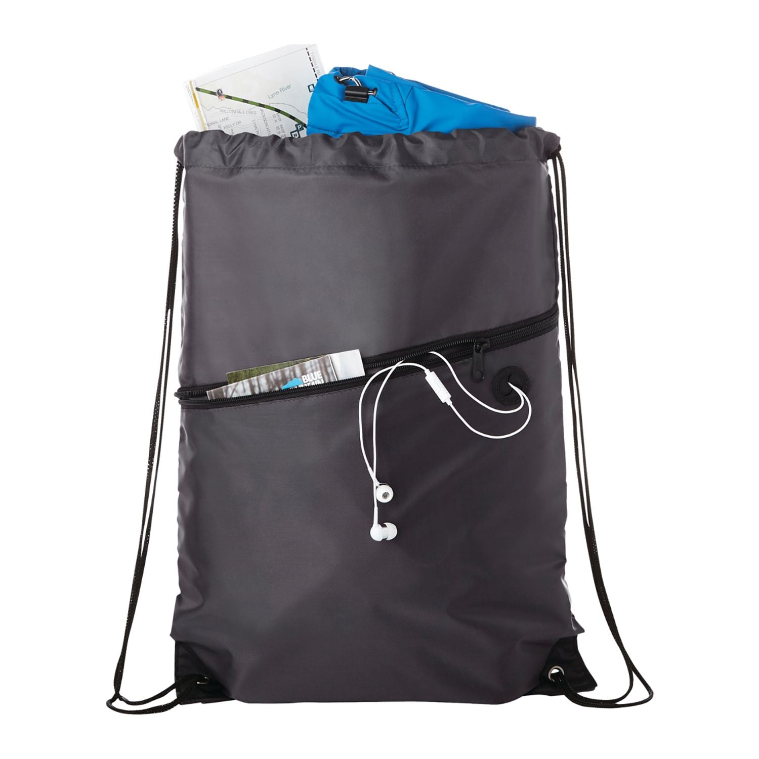 Robin Drawstring Polyester Bag with Front Zipper Pocket
