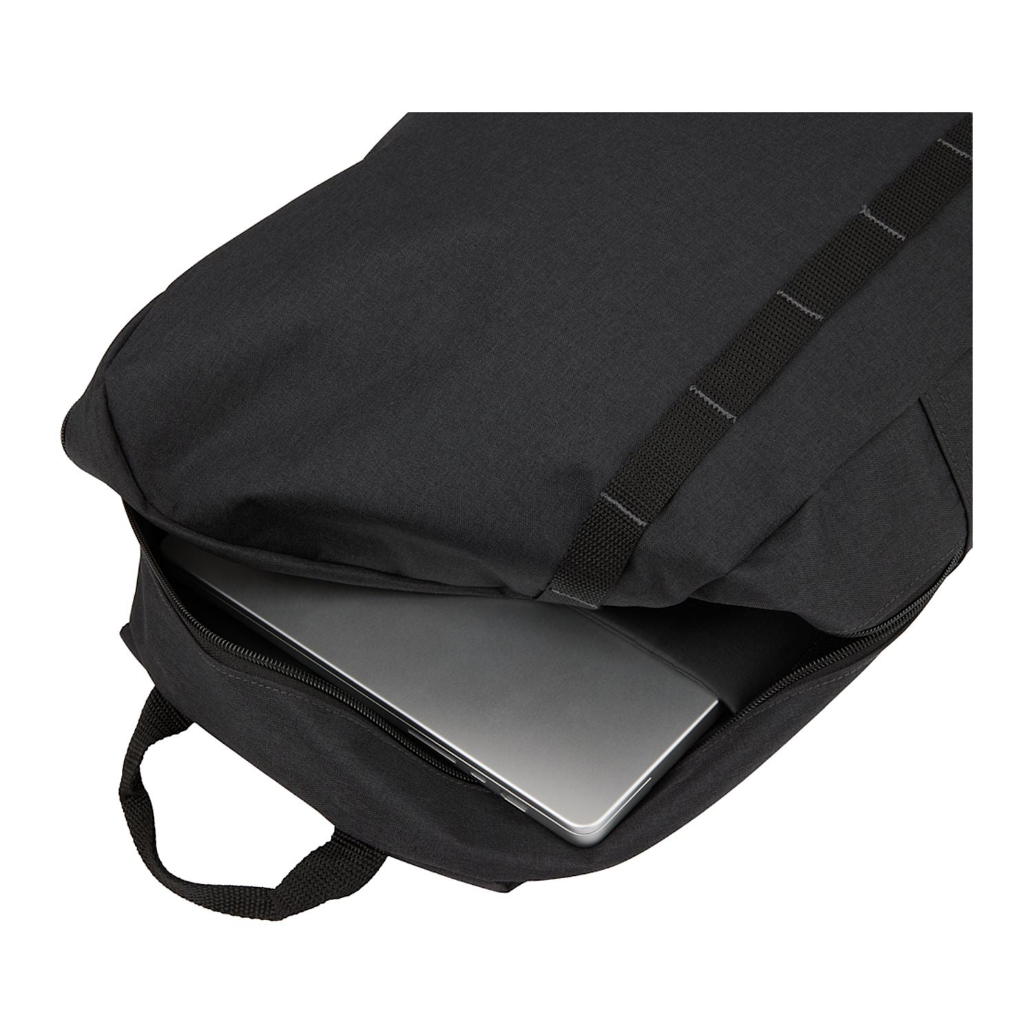 Opened Brady Recycled 15" Computer Backpack shown with a laptop inside