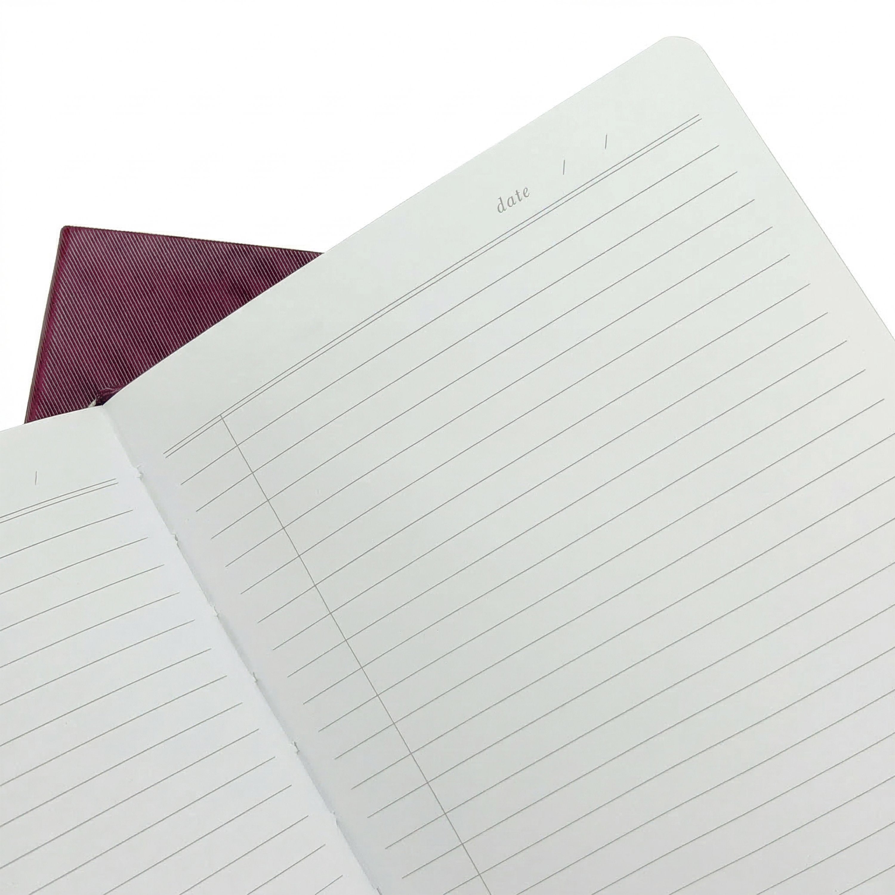 Open notebook with lined pages on a white background